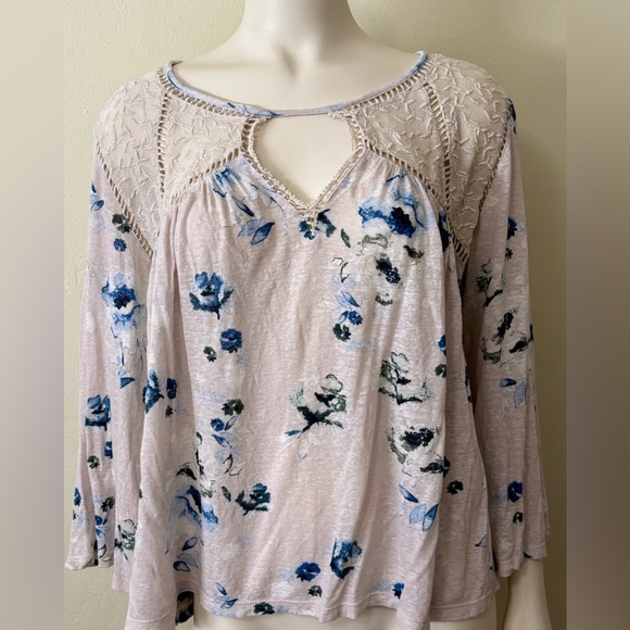 Lucky Brand Tops - Lucky Brand Blue and Cream 3/4 Sleeve Cut Out Blouse